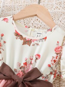 SHEIN 小女童印花泡泡袖繫腰帶洋裝