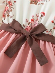 SHEIN 小女童印花泡泡袖繫腰帶洋裝