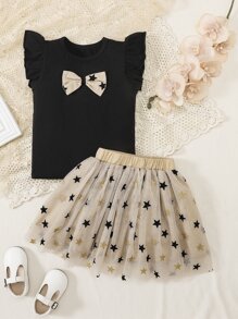SHEIN Young Girl Bow Front Ruffle Trim Tee & Star Mesh Overlay Skirt - Multicolor - View 1