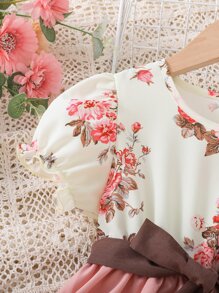 SHEIN 小女童印花泡泡袖繫腰帶洋裝