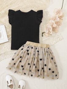 SHEIN Young Girl Bow Front Ruffle Trim Tee & Star Mesh Overlay Skirt - Multicolor - View 2