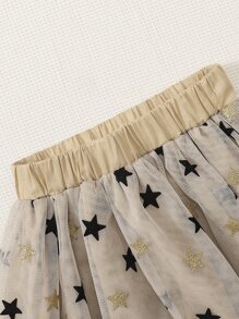 SHEIN Young Girl Bow Front Ruffle Trim Tee & Star Mesh Overlay Skirt - Multicolor - View 3