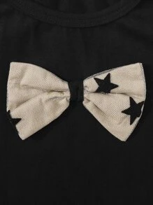 SHEIN Young Girl Bow Front Ruffle Trim Tee & Star Mesh Overlay Skirt - Multicolor - View 4