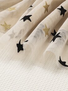 SHEIN Young Girl Bow Front Ruffle Trim Tee & Star Mesh Overlay Skirt - Multicolor - View 5