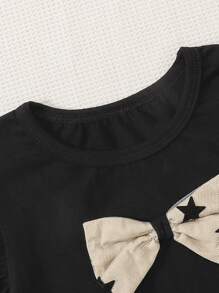 SHEIN Young Girl Bow Front Ruffle Trim Tee & Star Mesh Overlay Skirt - Multicolor - View 8