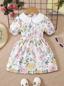 小女童印花彼得潘領泡泡袖洋裝