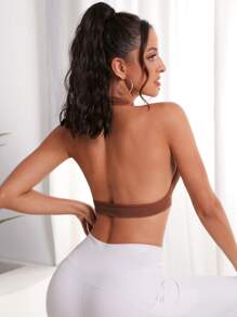 Easithlete Light Support Backless Halterneck Crop Sports Bra - Rust Brown - View 1