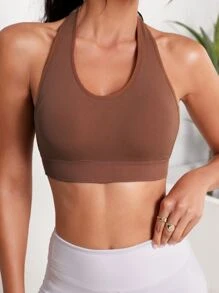 Easithlete Light Support Backless Halterneck Crop Sports Bra - Rust Brown - View 2
