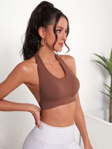 Easithlete Light Support Backless Halterneck Crop Sports Bra - Rust Brown - View 4