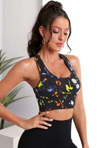 Brush Print Racer Back Sports Bra - Black - View 3