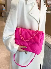 Neon Pink Quilted Pattern Chain Decor Flap Square Bag - Hot Pink - View 7