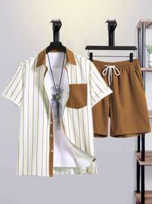 Manfinity Hombres Camisa con estampado de rayas & Shorts de cintura con cordón sin camiseta - Multicolor - Ver 1