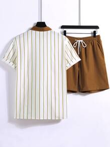 Manfinity Hombres Camisa con estampado de rayas & Shorts de cintura con cordón sin camiseta - Multicolor - Ver 2