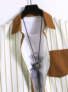 Manfinity Hombres Camisa con estampado de rayas & Shorts de cintura con cordón sin camiseta - Multicolor - Ver 3