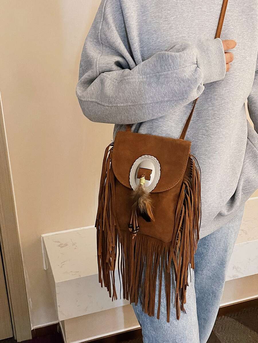 迷你流蘇邊翻蓋方包 - 棕色 - 查看 1