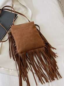 迷你流蘇邊翻蓋方包 - 棕色 - 查看 2
