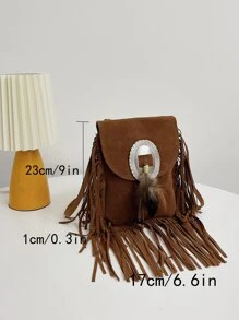 迷你流蘇邊翻蓋方包 - 棕色 - 查看 4