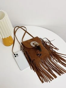 迷你流蘇邊翻蓋方包 - 棕色 - 查看 5