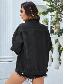 SHEIN Essnce Drop Shoulder Flap Pocket Denim Jacket - Black - View 2