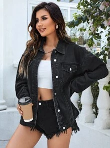 SHEIN Essnce Drop Shoulder Flap Pocket Denim Jacket - Black - View 3