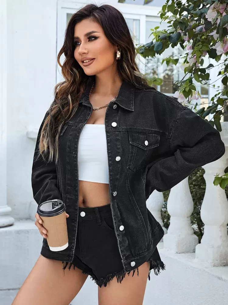 SHEIN Essnce Drop Shoulder Flap Pocket Denim Jacket - Black - View 3