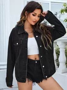 SHEIN Essnce Drop Shoulder Flap Pocket Denim Jacket - Black - View 4