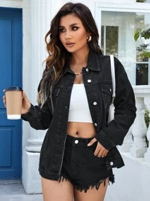 SHEIN Essnce Drop Shoulder Flap Pocket Denim Jacket - Black - View 5