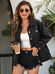 SHEIN Essnce Áo khoác & áo khoác denim nữ Túi Nút phía trước màu trơn Giải trí - màu đen - Xem 1