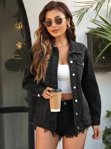 SHEIN Essnce Áo khoác & áo khoác denim nữ Túi Nút phía trước màu trơn Giải trí - màu đen - Xem 5