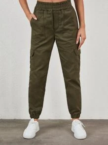 RueChic Flap Pocket Side Elastic Waist Cargo Jeans - xanh quân đội - Xem 1