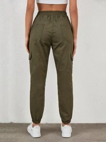 RueChic Flap Pocket Side Elastic Waist Cargo Jeans - xanh quân đội - Xem 2