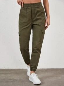 RueChic Flap Pocket Side Elastic Waist Cargo Jeans - xanh quân đội - Xem 3