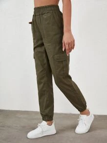 RueChic Flap Pocket Side Elastic Waist Cargo Jeans - xanh quân đội - Xem 4