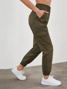 RueChic Flap Pocket Side Elastic Waist Cargo Jeans - xanh quân đội - Xem 5