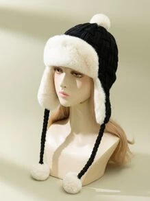 Two Tone Pompom Decor Plush Lined Trapper Hat - Multicolor - View 1