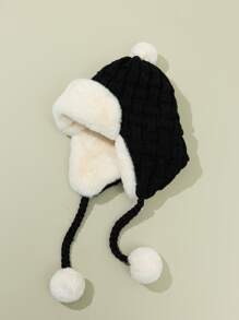 Two Tone Pompom Decor Plush Lined Trapper Hat - Multicolor - View 2