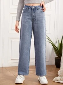 SHEIN Teen Girls Zipper Fly Straight Leg Jeans - Light Wash - View 1