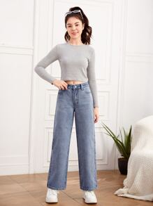 SHEIN Teen Girls Zipper Fly Straight Leg Jeans - Light Wash - View 5