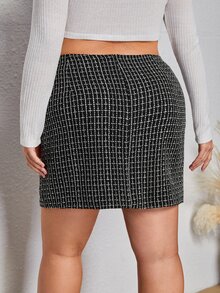 SHEIN Privé Plus Plaid Twist Front Tweed Skirt - Black - View 3