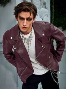 Manfinity EMRG Men Zip Up PU Biker Jacket - Burgundy - View 1