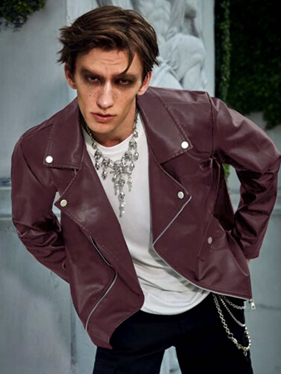 Manfinity EMRG Men Zip Up PU Biker Jacket - Burgundy - View 1