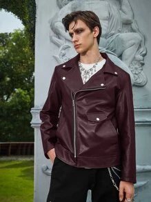 Manfinity EMRG Men Zip Up PU Biker Jacket - Burgundy - View 3