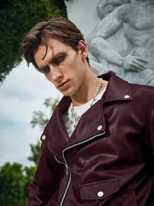 Manfinity EMRG Men Zip Up PU Biker Jacket - Burgundy - View 4