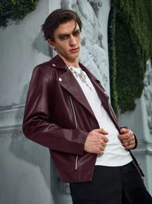 Manfinity EMRG Men Zip Up PU Biker Jacket - Burgundy - View 5