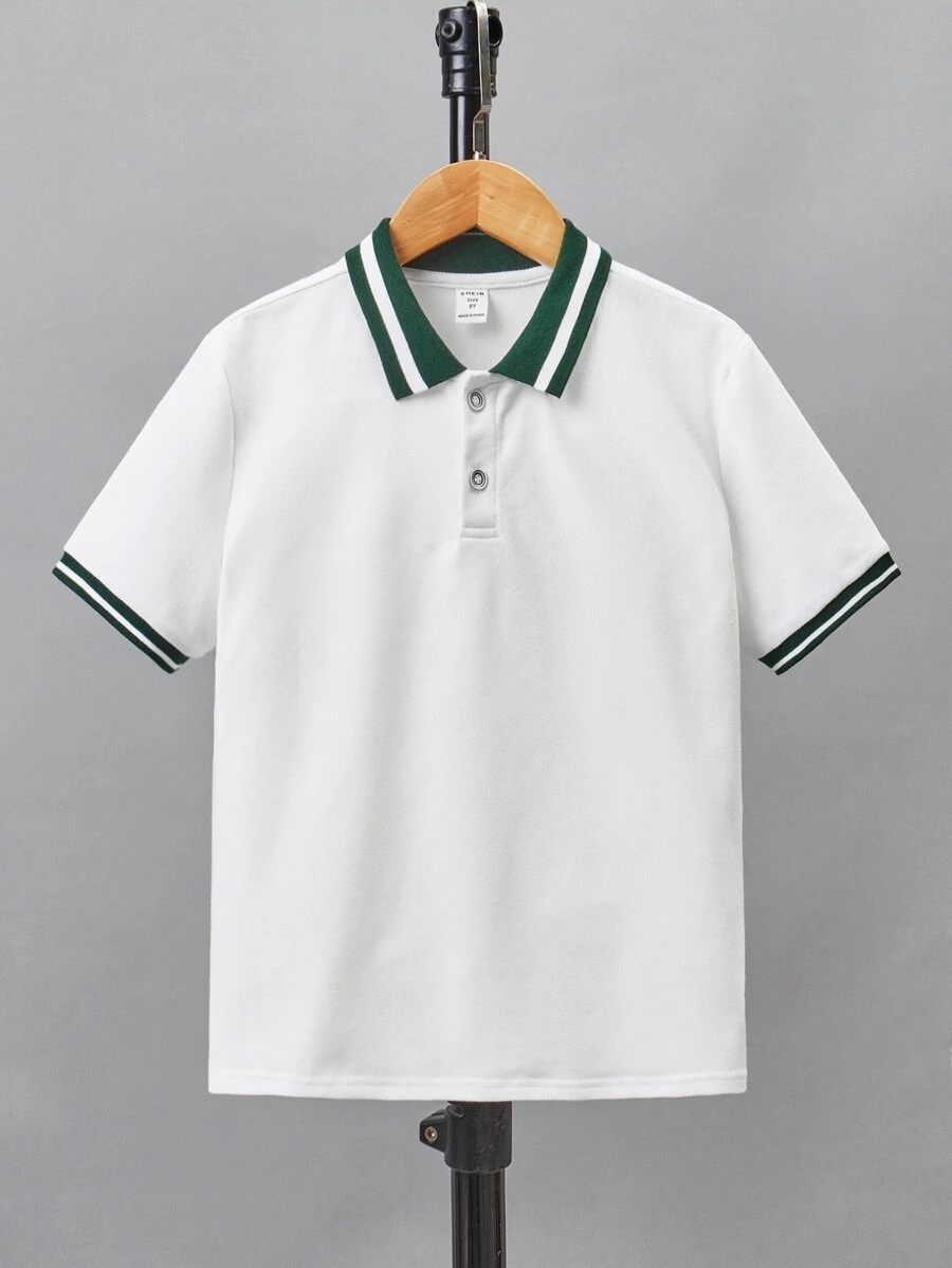 SHEIN 男童短袖拼接邊POLO衫 - 白色 - 查看 1