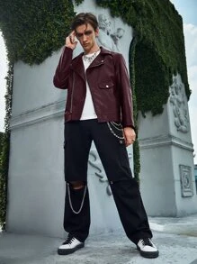 Manfinity EMRG Men Zip Up PU Biker Jacket - Burgundy - View 6