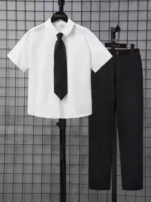 SHEIN 男孩素色襯衫和褲子和系帶