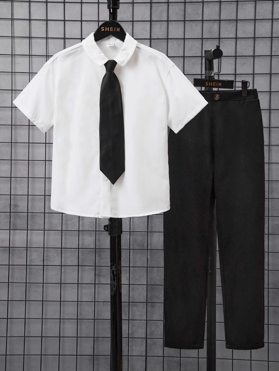 SHEIN 男孩素色襯衫和褲子和系帶