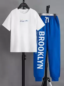SHEIN Boys Letter Graphic Tee & Drawstring Waist Joggers - Blue - View 1