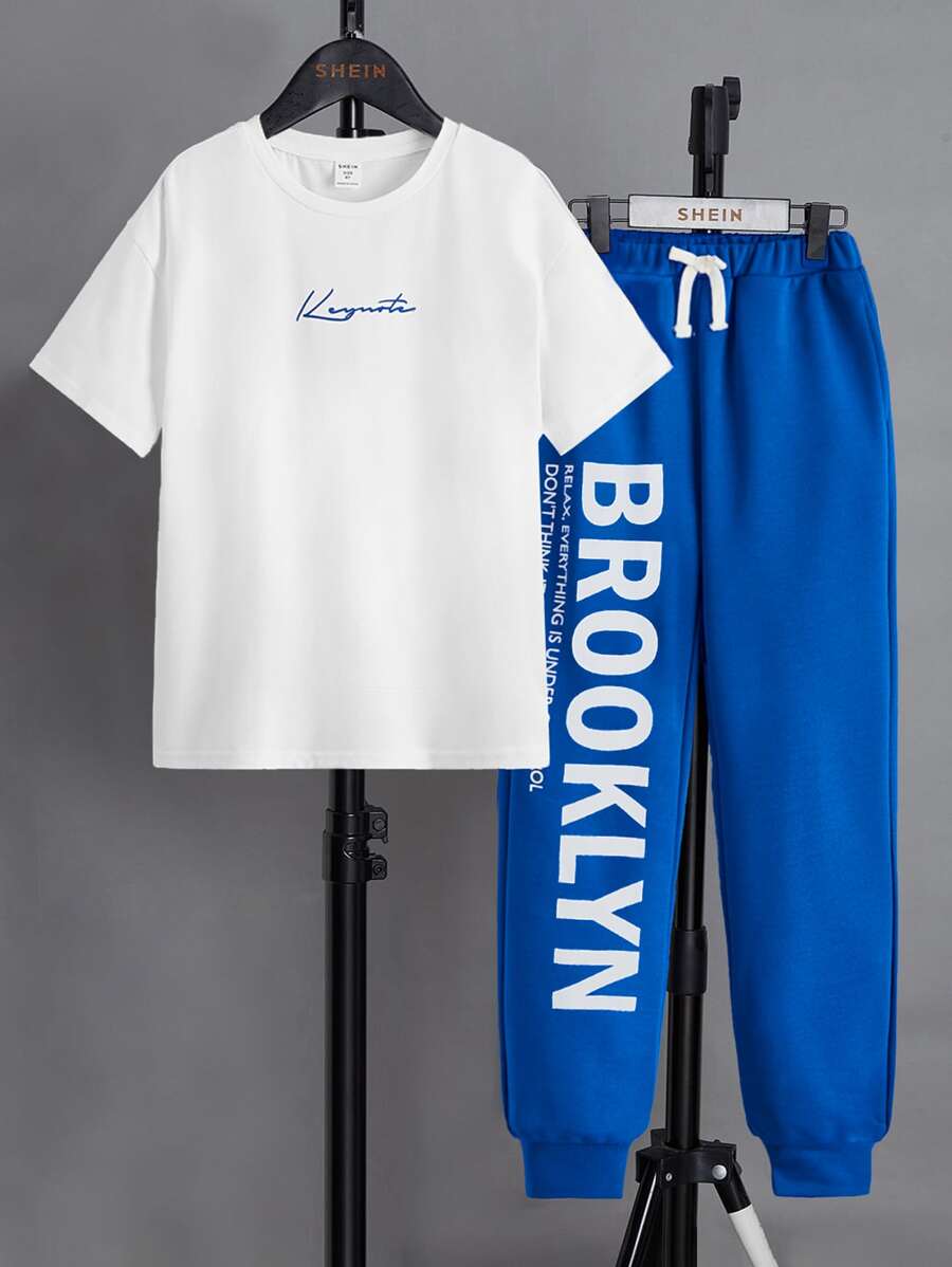 SHEIN Boys Letter Graphic Tee & Drawstring Waist Joggers - Blue - View 1